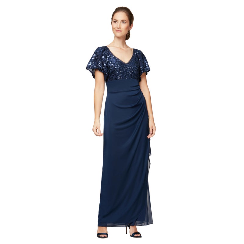 Alex Evenings Women's Stretch Sequin Bodice Empire Waist Long Dress, Navy Flutter Sleeve, 14 - Image 1
